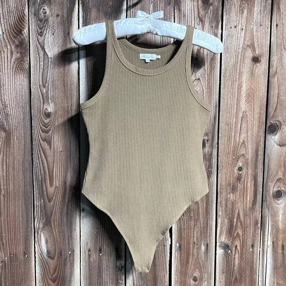 Good American Thong Tank Bodysuit Ribbed Khaki Forrest Green Brown High Leg Sz L - Picture 3 of 15
